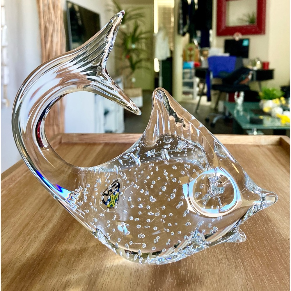 Vtg FM Konstglas Ronneby Sweden Bullicante Bubble Art Glass Swordfish w/Sticker